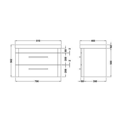 [BAL104C] Croxden Modern Wall Hung Vanity Basin Unit with Soft Close Drawers - 600mm or 800mm - Technical Drawing
