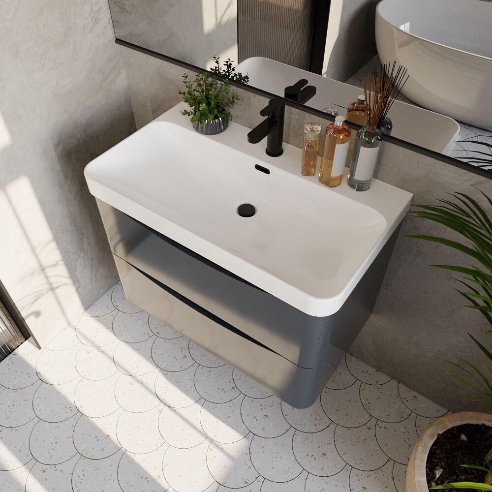 [BAL1404B] Dunwood Contemporary Wall Hung 2 Drawer Vanity Basin Unit, Choice of Size and Colour - Lifestyle 2