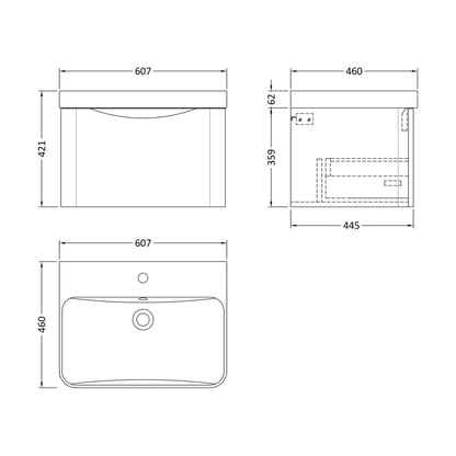 [BAL1405B] Dunwood Contemporary 1 Drawer Vanity Basin Unit, Choice of Size and Colour - Technical Drawing