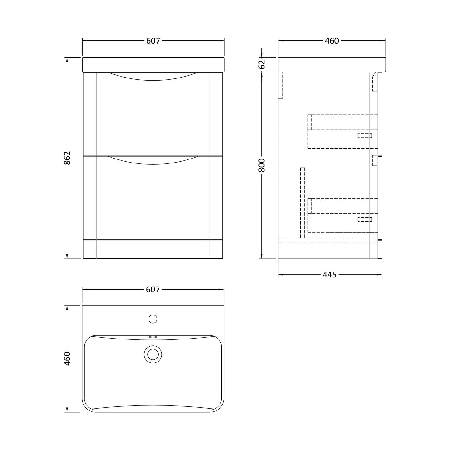 [BAL201B] Dunwood Floor Standing 2 Drawer Vanity Unit with Thin Edge Basin - Choice of Colour and Size - Technical Drawing