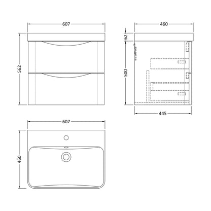 [BAL202B] Dunwood Contemporary Wall Hung 2 Drawer Vanity Basin Unit, Choice of Size and Colour - Technical Drawing