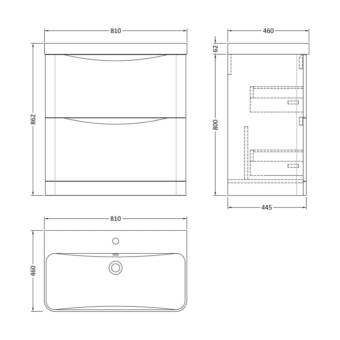 [BAL203B] Dunwood Floor Standing 2 Drawer Vanity Unit with Thin Edge Basin - Choice of Colour and Size - Technical Drawing