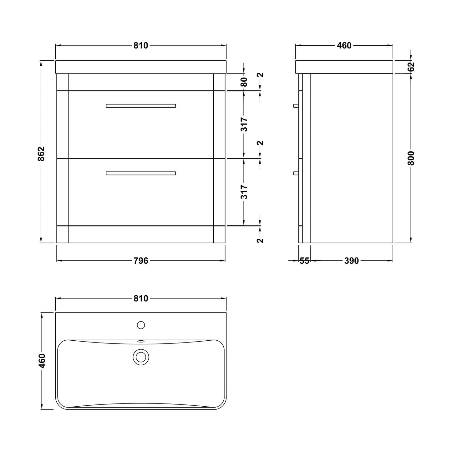 [BAL203C] Croxden Floor Standing Vanity Unit and Basin - Choice of Finish - Technical Drawing