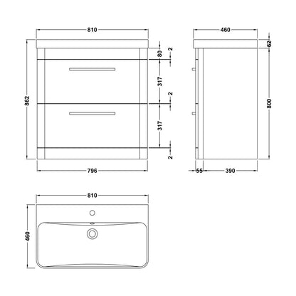 [BAL203C] Croxden Floor Standing Vanity Unit and Basin - Choice of Finish - Technical Drawing