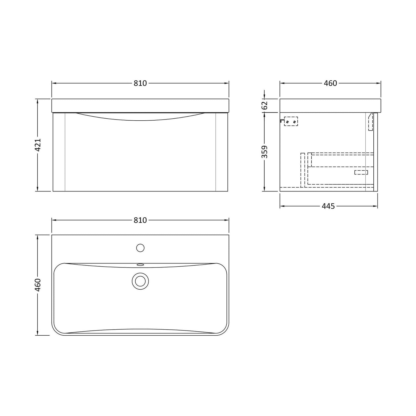 [BAL206B] Dunwood Contemporary 1 Drawer Vanity Basin Unit, Choice of Size and Colour - Technical Drawing