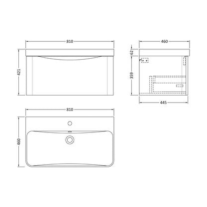 [BAL206B] Dunwood Contemporary 1 Drawer Vanity Basin Unit, Choice of Size and Colour - Technical Drawing
