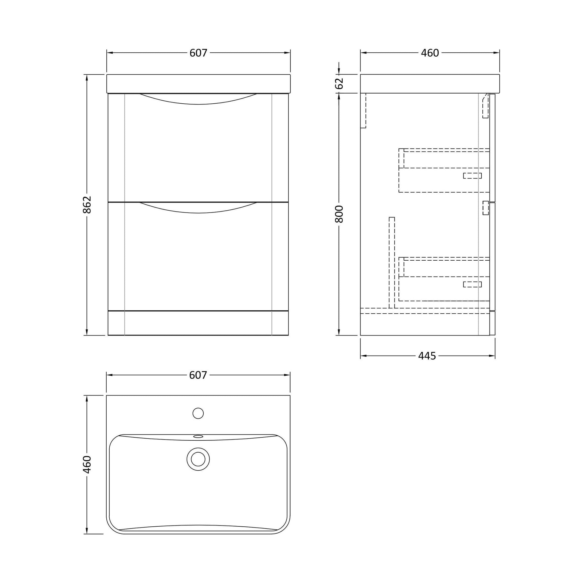 [BAL301B] Dunwood Floor Standing 2 Drawer Vanity Unit with Thin Edge Basin - Choice of Colour and Size - Technical Drawing