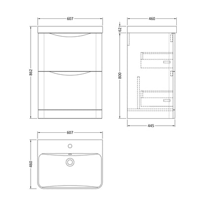 [BAL301B] Dunwood Floor Standing 2 Drawer Vanity Unit with Thin Edge Basin - Choice of Colour and Size - Technical Drawing