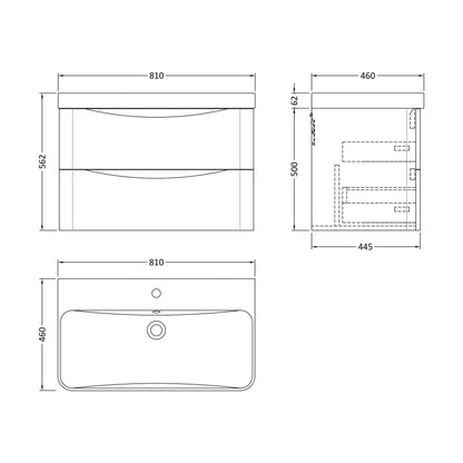 [BAL304B] Dunwood Contemporary Wall Hung 2 Drawer Vanity Basin Unit, Choice of Size and Colour - Technical Drawing