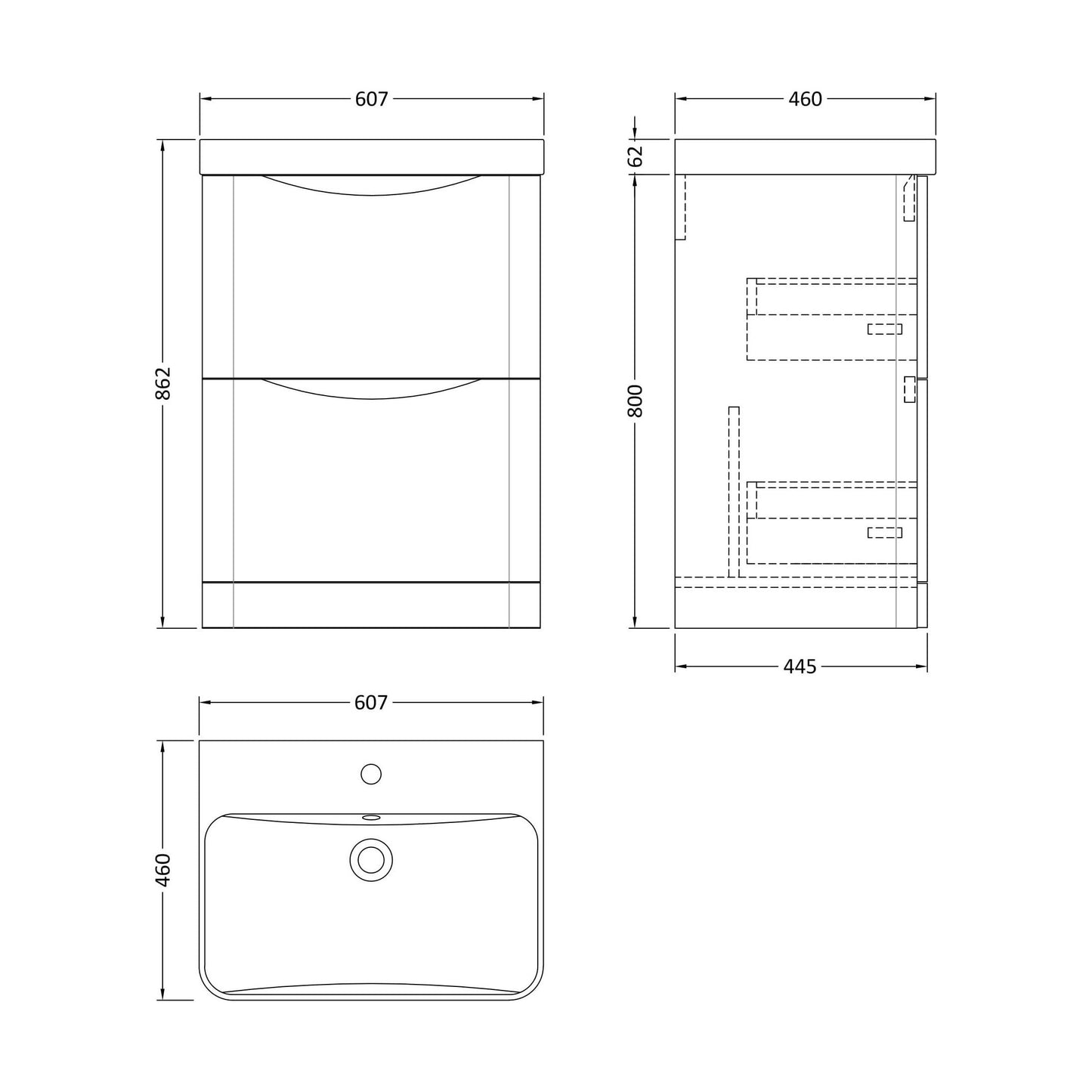 [BAL801B] Dunwood Floor Standing 2 Drawer Vanity Unit with Thin Edge Basin - Choice of Colour and Size - Technical Drawing