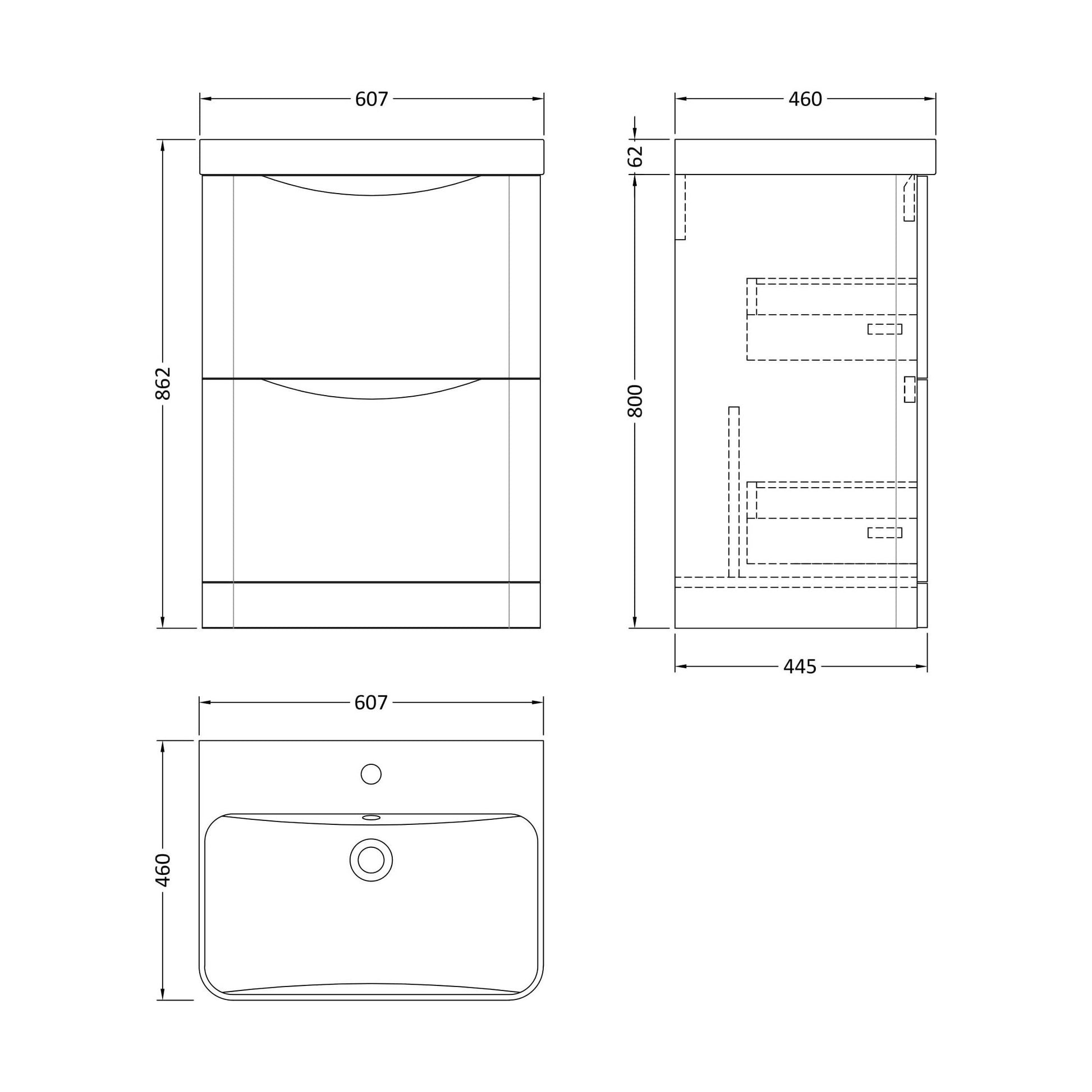 [BAL801B] Dunwood Floor Standing 2 Drawer Vanity Unit with Thin Edge Basin - Choice of Colour and Size - Technical Drawing