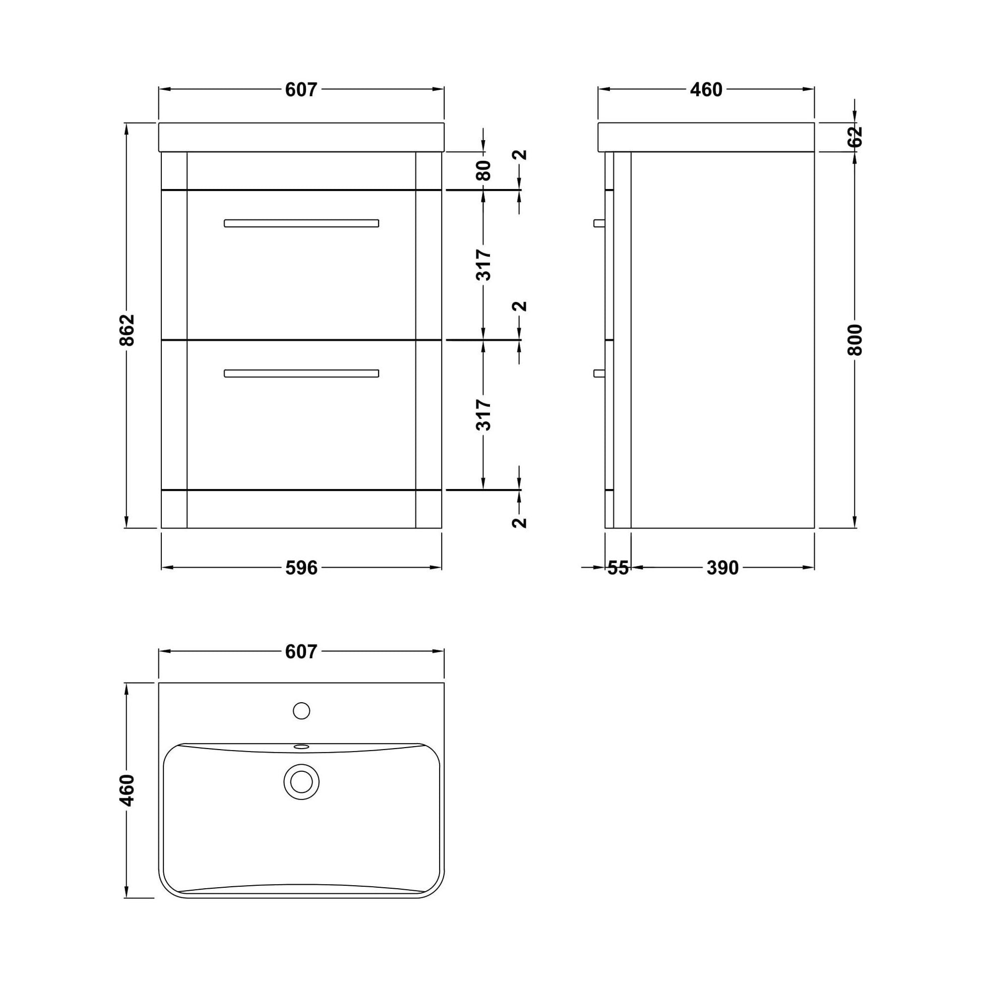 [BAL801D] Croxden Floor Standing Vanity Unit and Basin - Choice of Finish - Technical Drawing