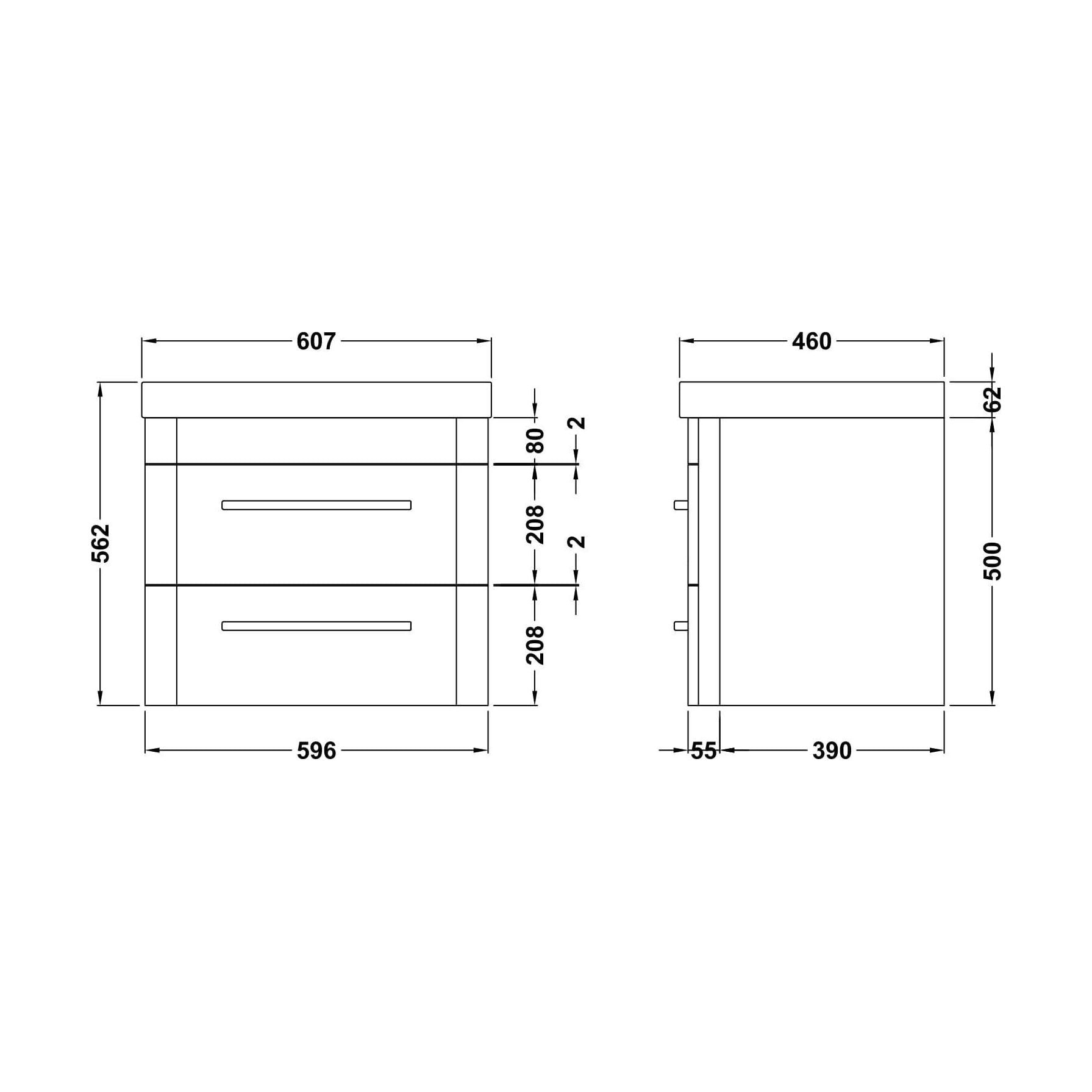 [BAL802D] Croxden Modern Wall Hung Vanity Basin Unit with Soft Close Drawers - 600mm or 800mm - Technical Drawing