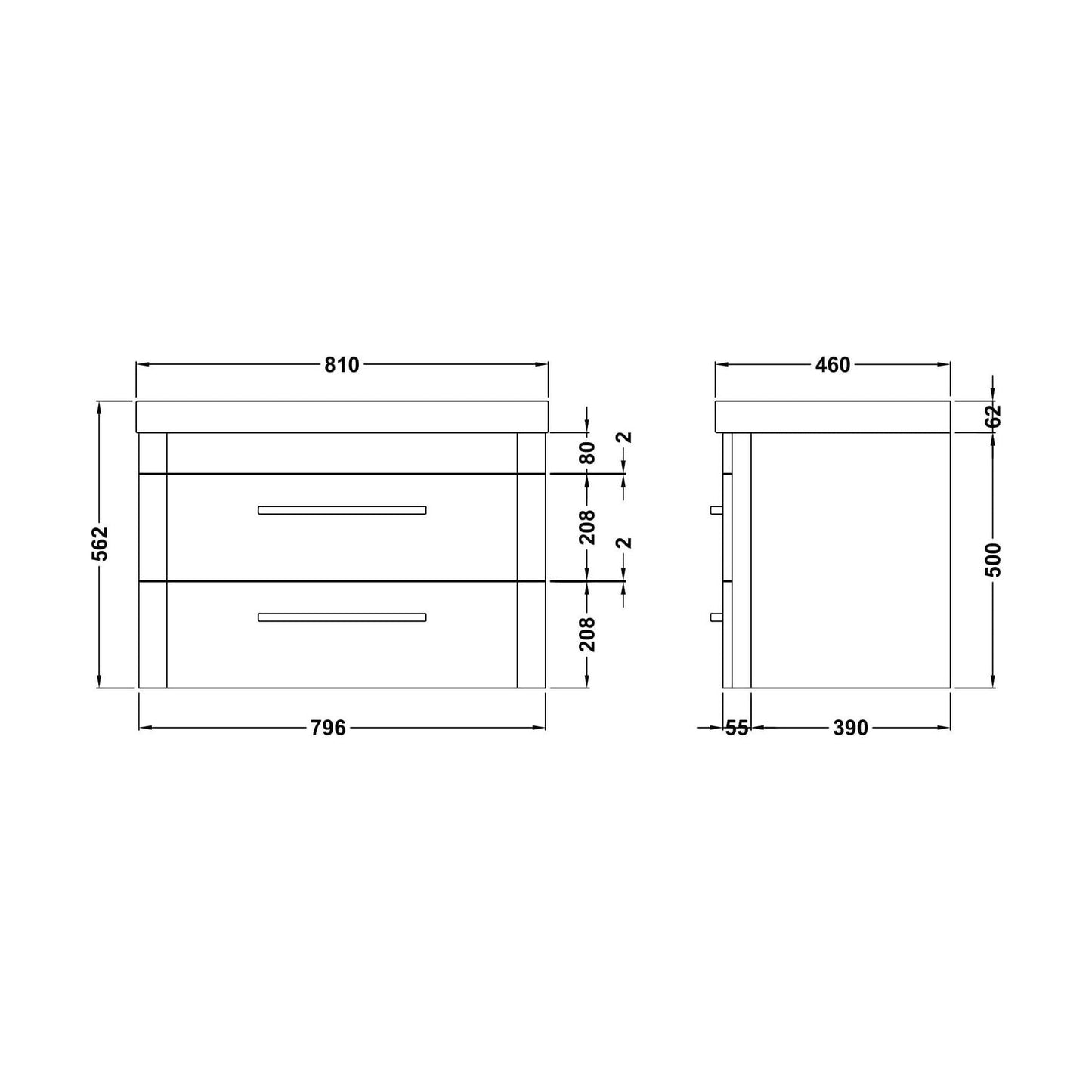 [BAL804D] Croxden Modern Wall Hung Vanity Basin Unit with Soft Close Drawers - 600mm or 800mm - Technical Drawing
