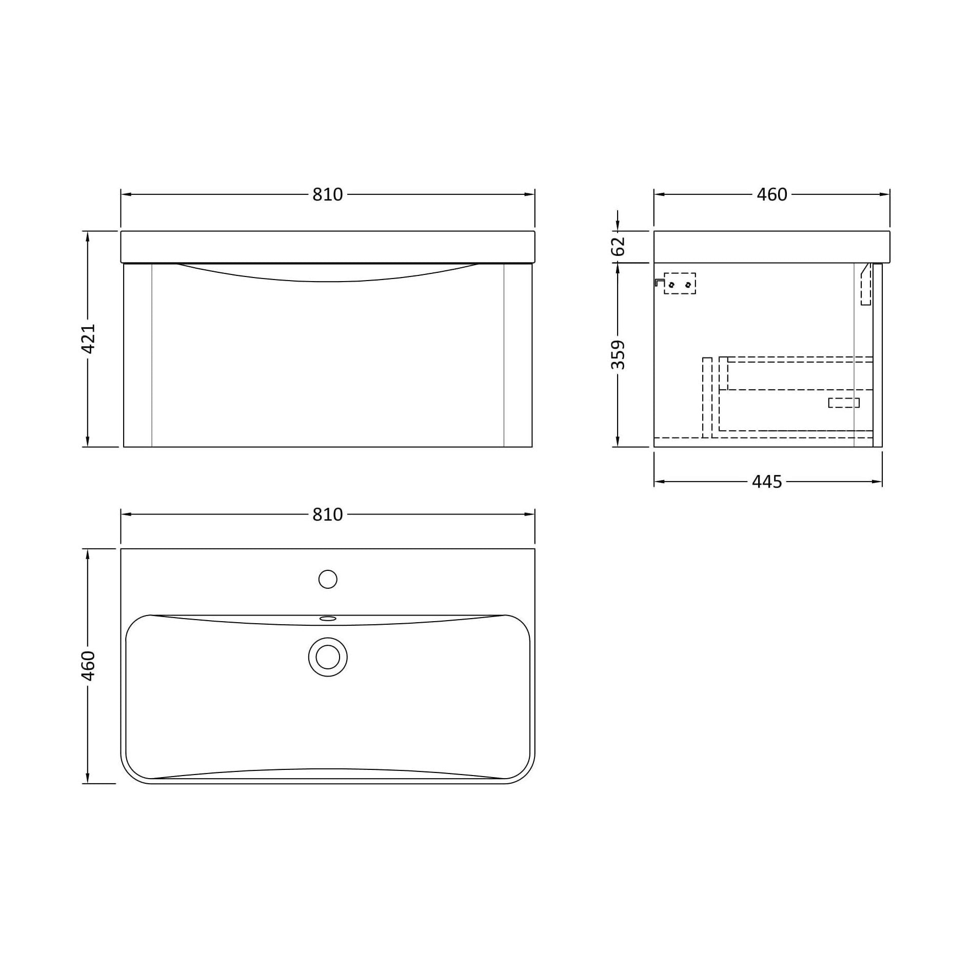 [BAL806B] Dunwood Contemporary 1 Drawer Vanity Basin Unit, Choice of Size and Colour - Technical Drawing