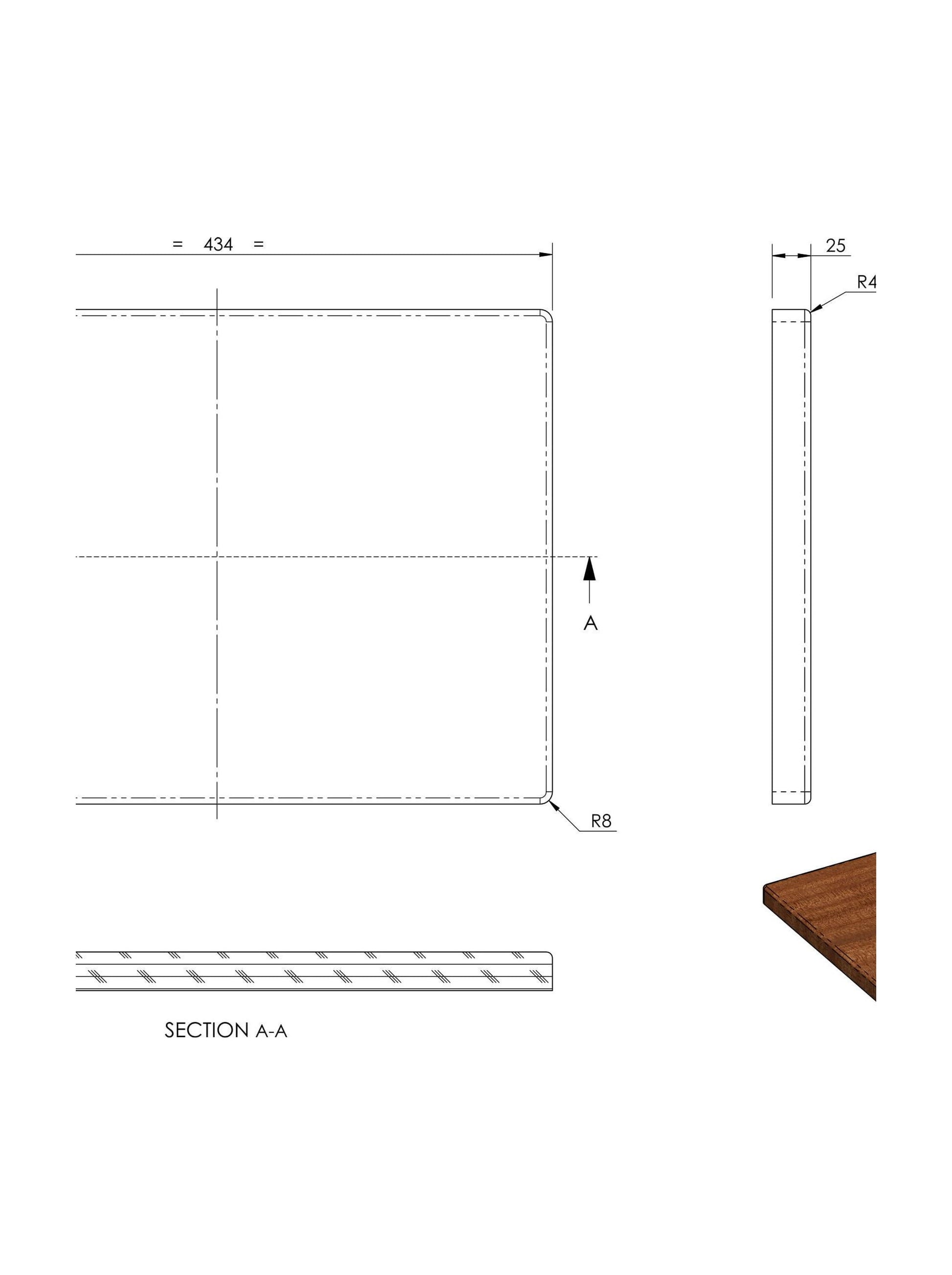 [BALAE308] South African Walnut Chop Board - Technical Drawing
