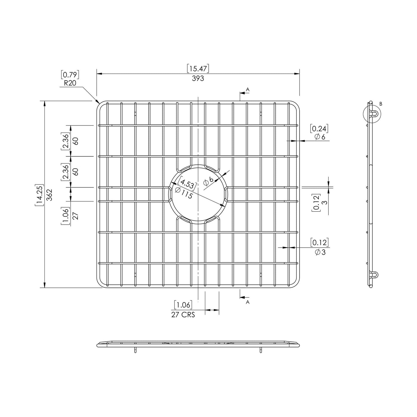 [BALAE318] Wire Grid Double Bowl C/W 33" (Pair) - Technical Drawing