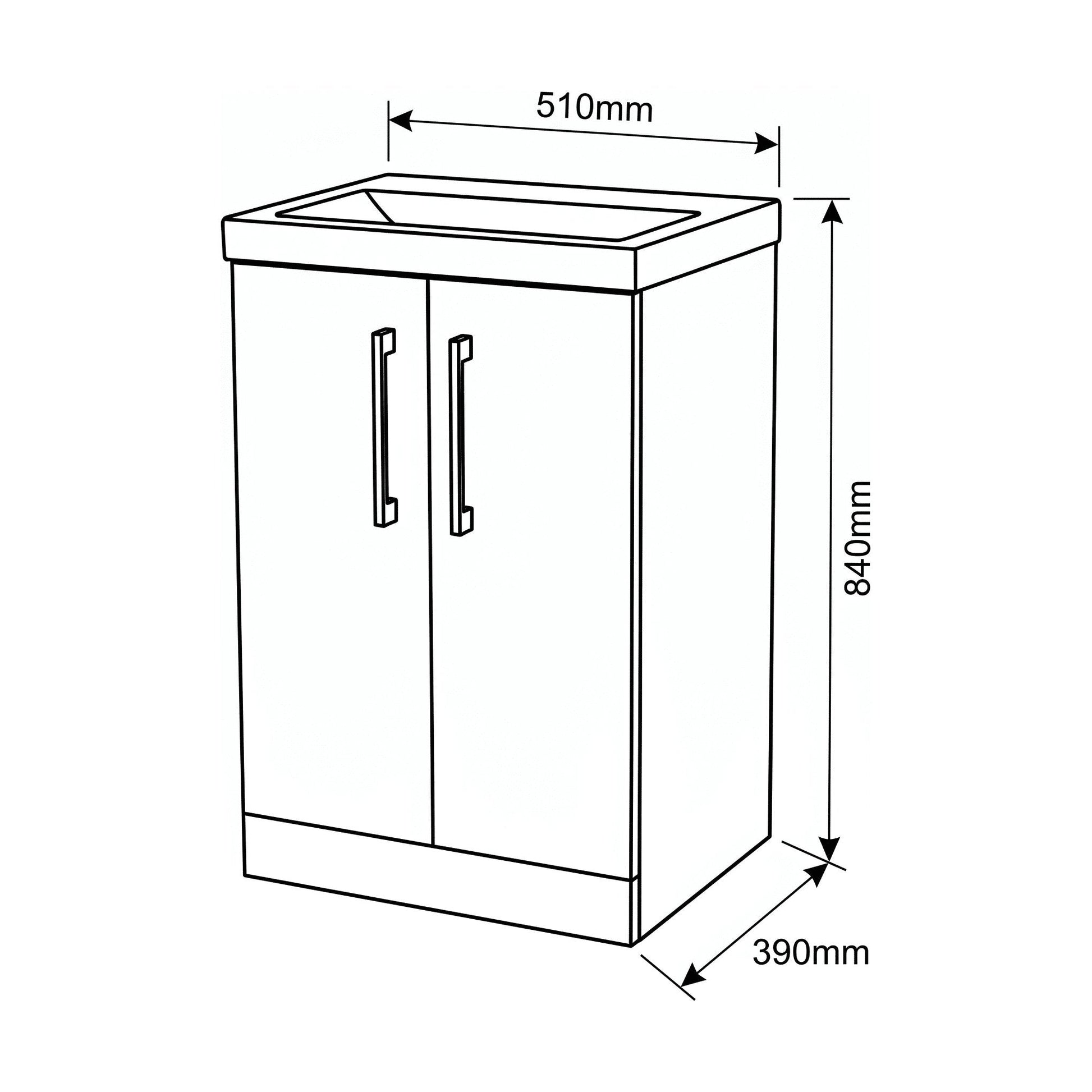 [BALARN101AH017] Bramshall Floor Standing 2-Door Vanity & Mid-Edge Basin – Choice of Colour and Handle Finish - Technical Drawing