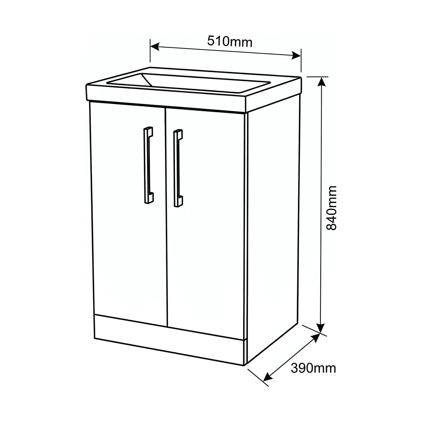 [BALARN101AH017] Bramshall Floor Standing 2-Door Vanity & Mid-Edge Basin – Choice of Colour and Handle Finish - Technical Drawing