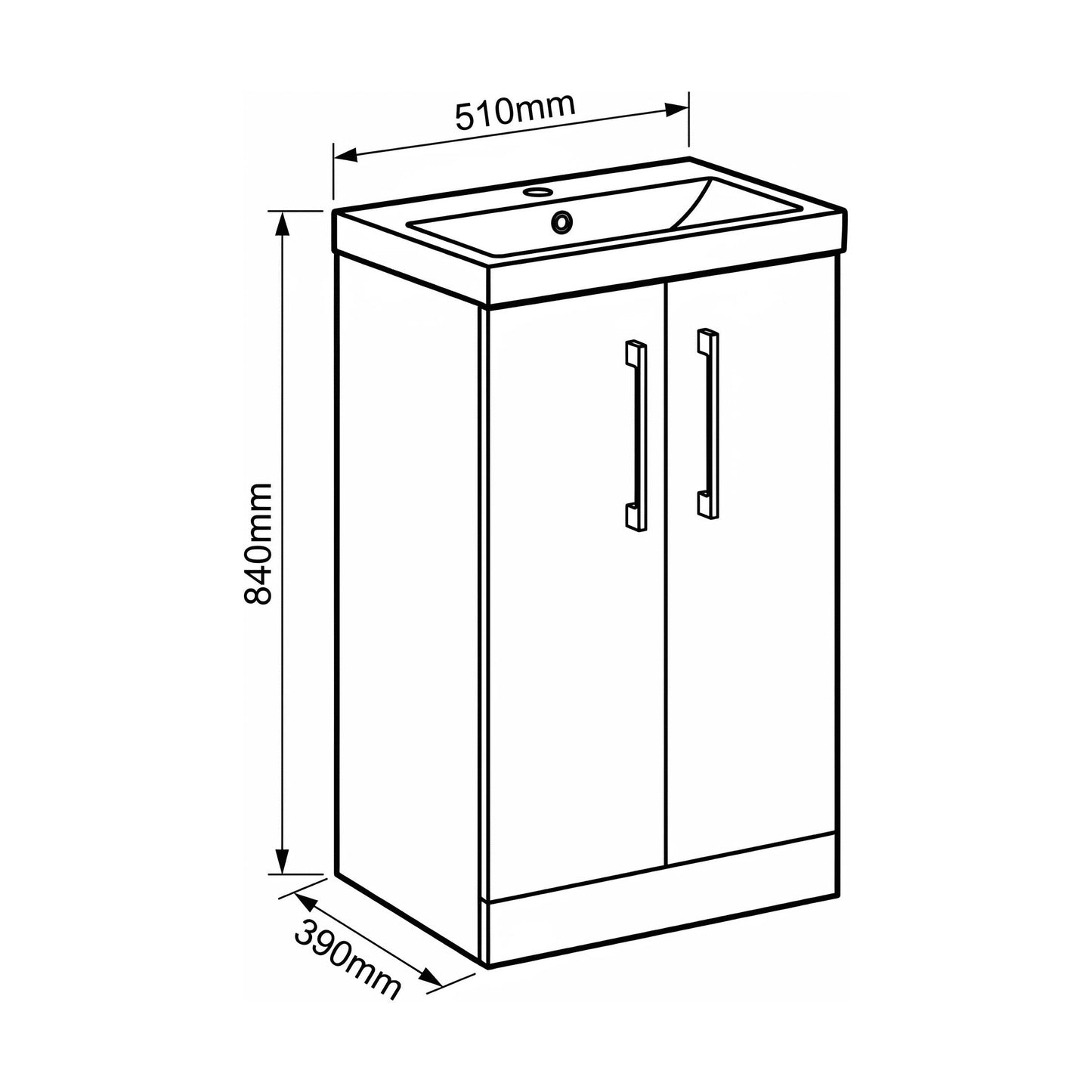 [BALARN101AH018] Bramshall Floor Standing 2-Door Vanity & Mid-Edge Basin – Choice of Colour and Handle Finish - Technical Drawing