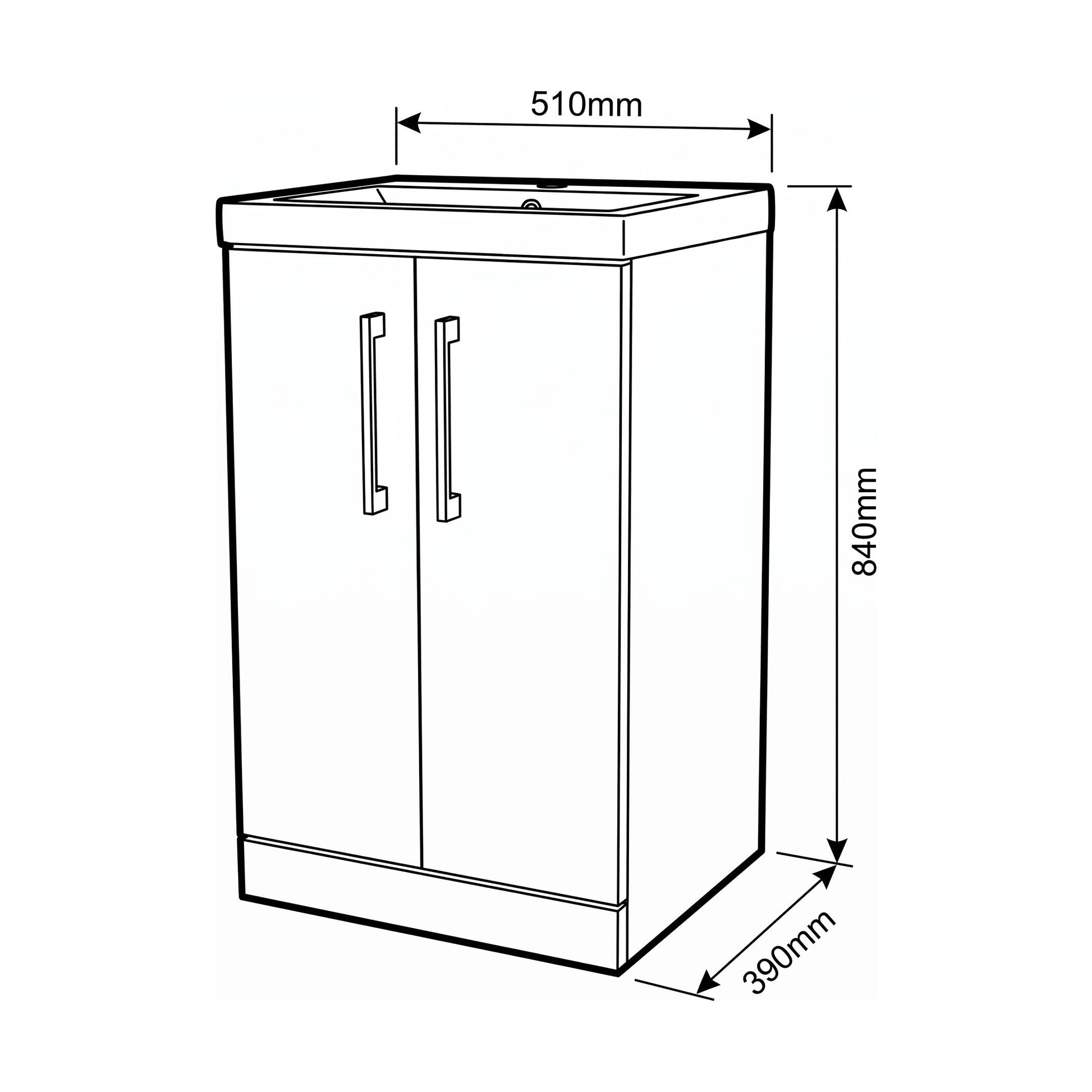 [BALARN101AH716] Bramshall Floor Standing 2-Door Vanity & Mid-Edge Basin – Choice of Colour and Handle Finish - Technical Drawing