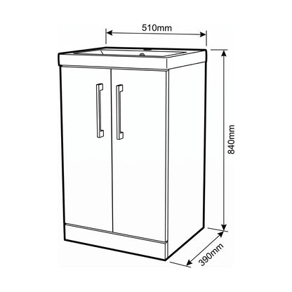 [BALARN101AH716] Bramshall Floor Standing 2-Door Vanity & Mid-Edge Basin – Choice of Colour and Handle Finish - Technical Drawing