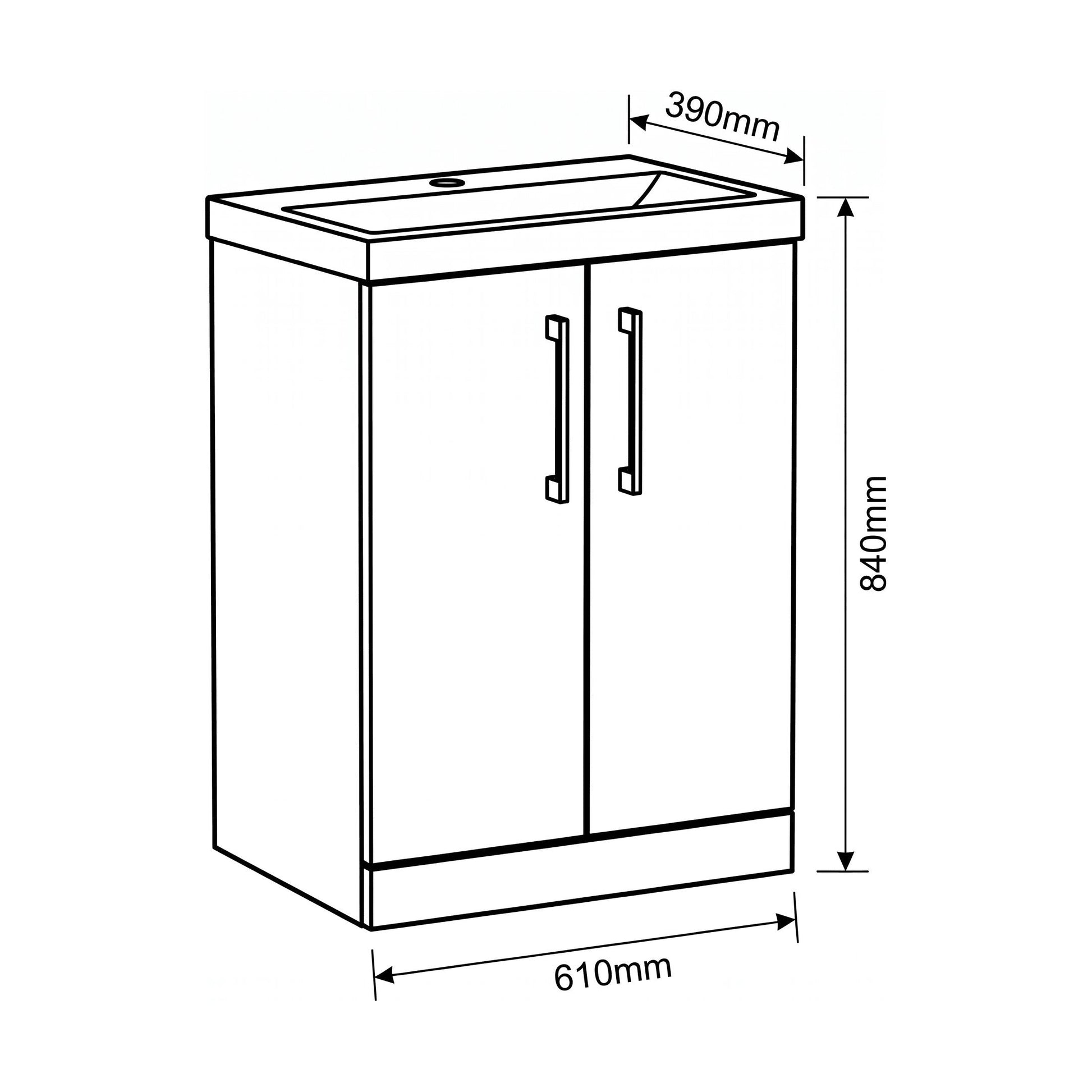 [BALARN103AH018] Bramshall Floor Standing 2-Door Vanity & Mid-Edge Basin – Choice of Colour and Handle Finish - Technical Drawing