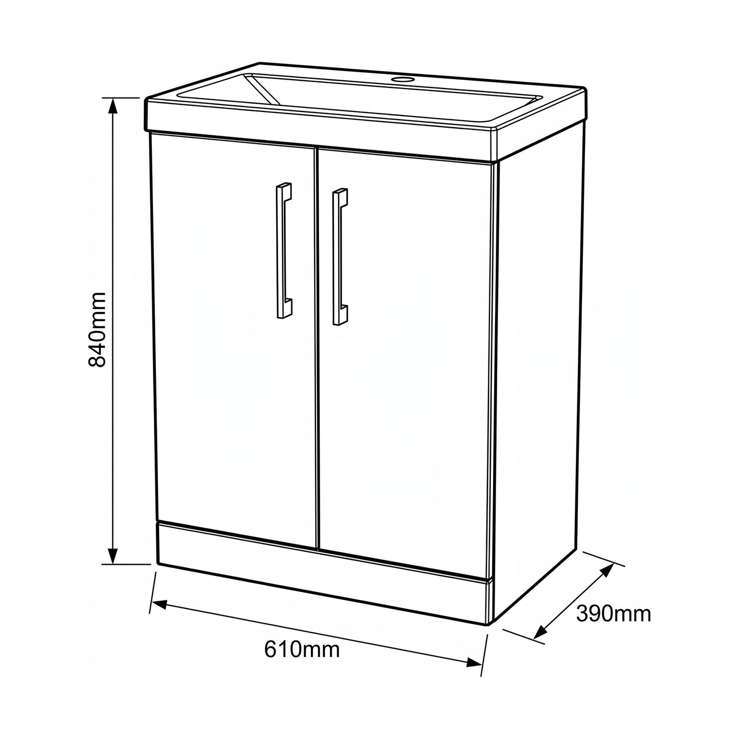 [BALARN103AH019] Bramshall Floor Standing 2-Door Vanity & Mid-Edge Basin – Choice of Colour and Handle Finish - Technical Drawing