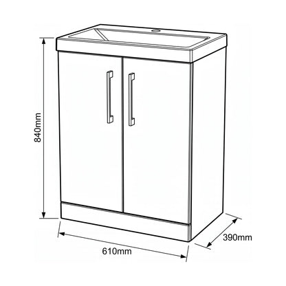 [BALARN103AH019] Bramshall Floor Standing 2-Door Vanity & Mid-Edge Basin – Choice of Colour and Handle Finish - Technical Drawing