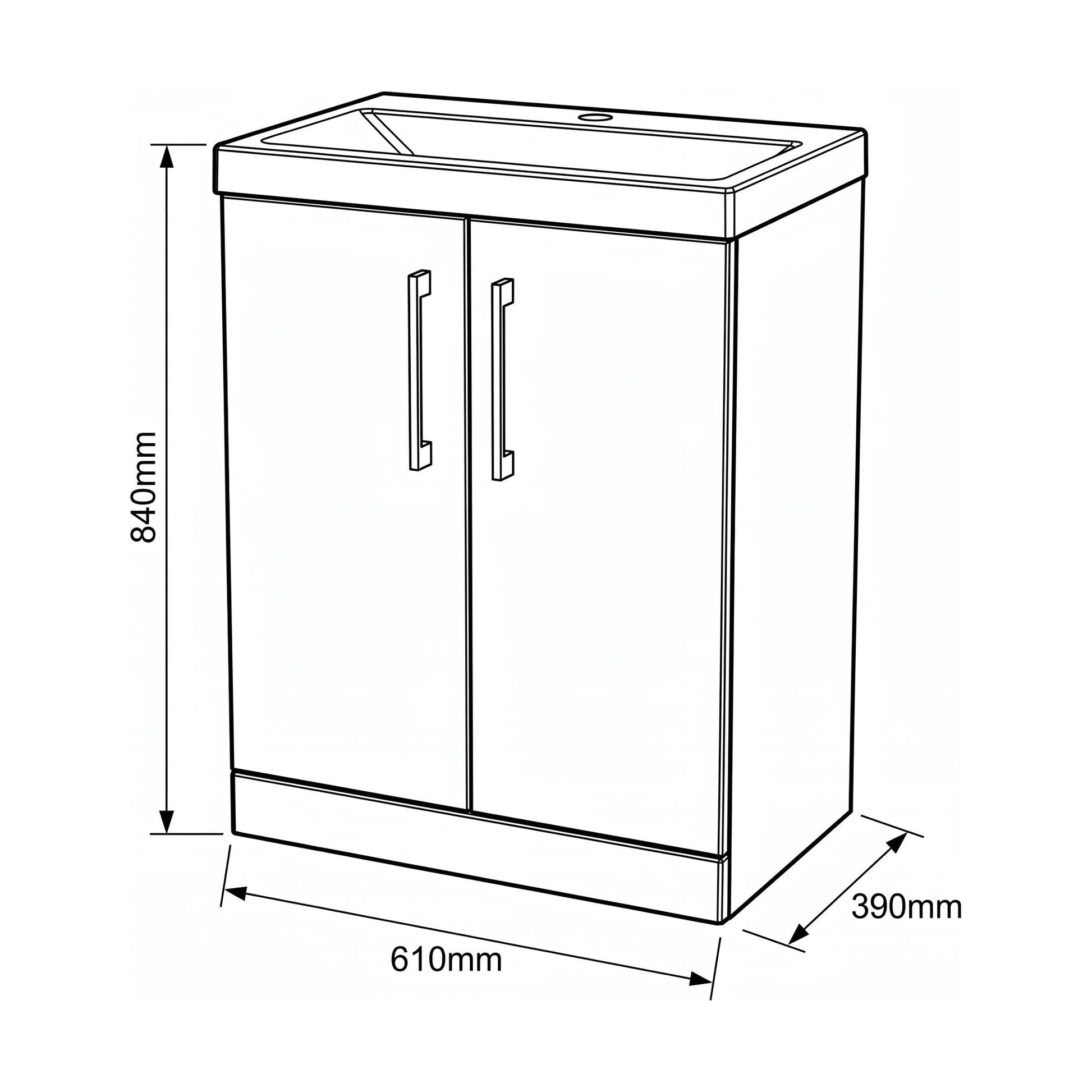 [BALARN103AH019] Bramshall Floor Standing 2-Door Vanity & Mid-Edge Basin – Choice of Colour and Handle Finish - Technical Drawing