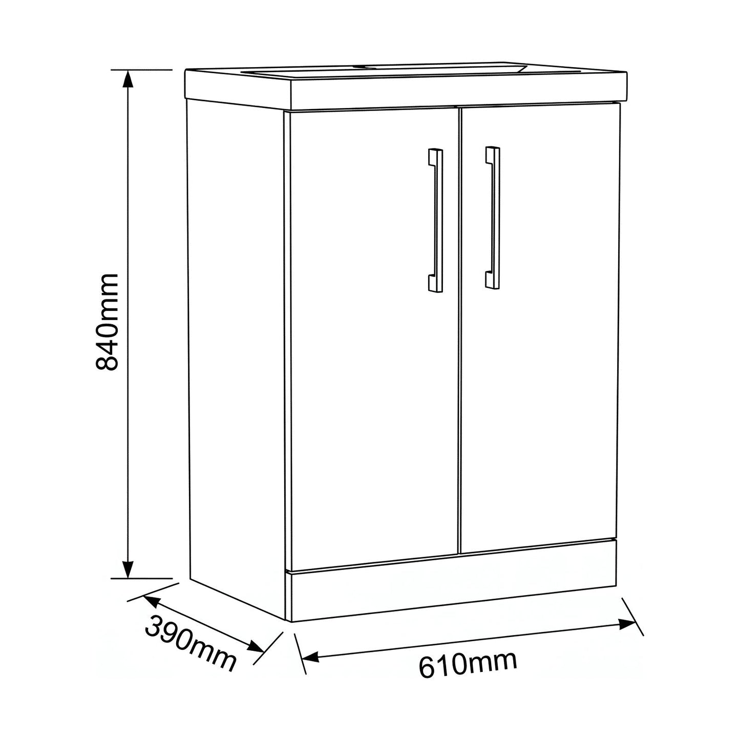 [BALARN103AH1516] Bramshall Floor Standing 2-Door Vanity & Mid-Edge Basin – Choice of Colour and Handle Finish - Technical Drawing