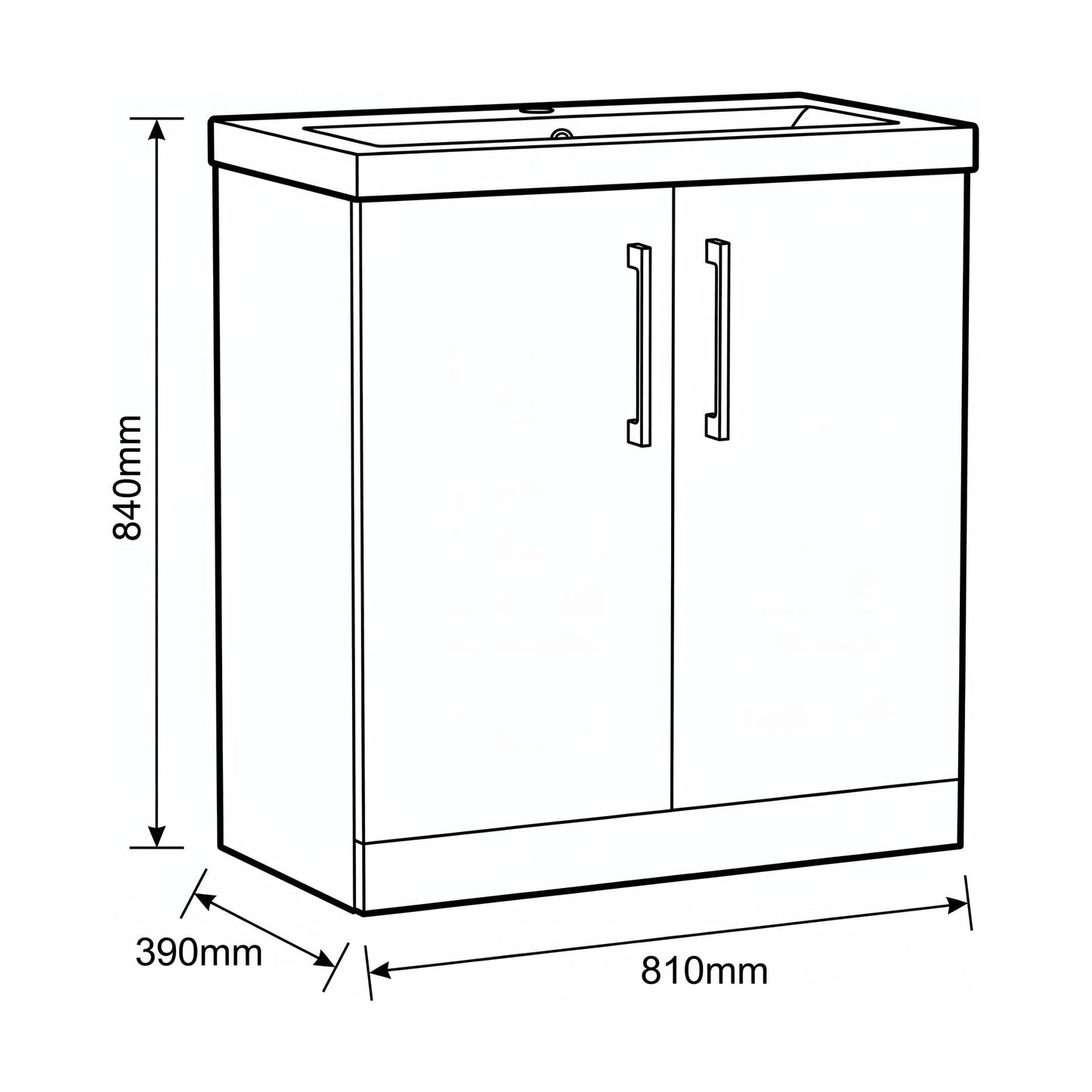 [BALARN1056AH1516] Bramshall Floor Standing 2-Door Vanity & Mid-Edge Basin – Choice of Colour and Handle Finish - Technical Drawing