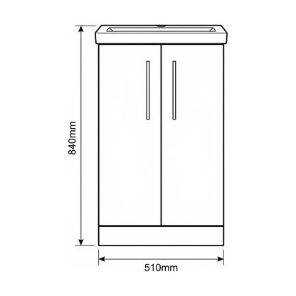 [BALARN1401AH017] Bramshall Floor Standing 2-Door Vanity & Mid-Edge Basin – Choice of Colour and Handle Finish - Technical Drawing