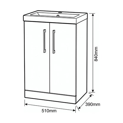 [BALARN1401AH018] Bramshall Floor Standing 2-Door Vanity & Mid-Edge Basin – Choice of Colour and Handle Finish - Technical Drawing