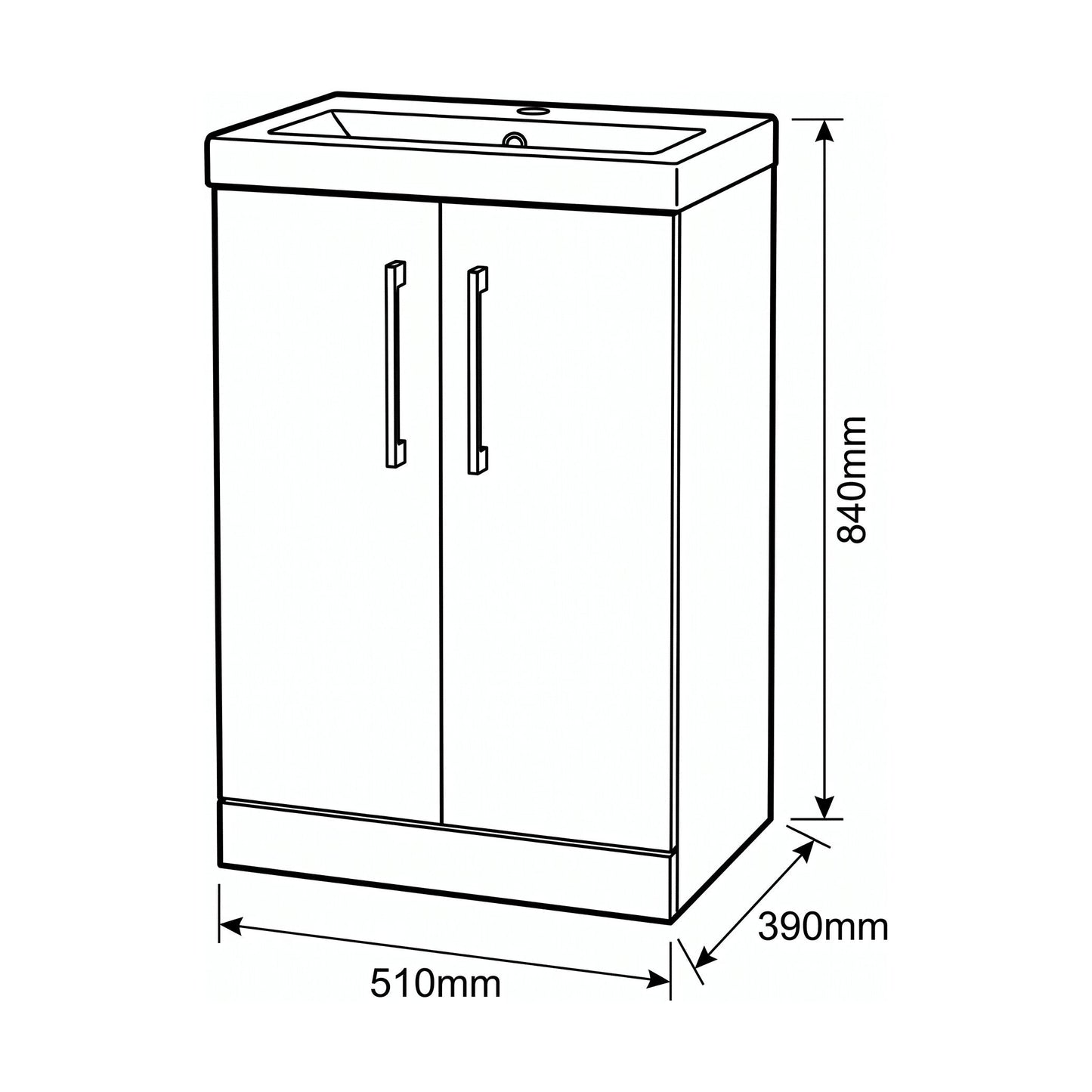 [BALARN1401AH018] Bramshall Floor Standing 2-Door Vanity & Mid-Edge Basin – Choice of Colour and Handle Finish - Technical Drawing