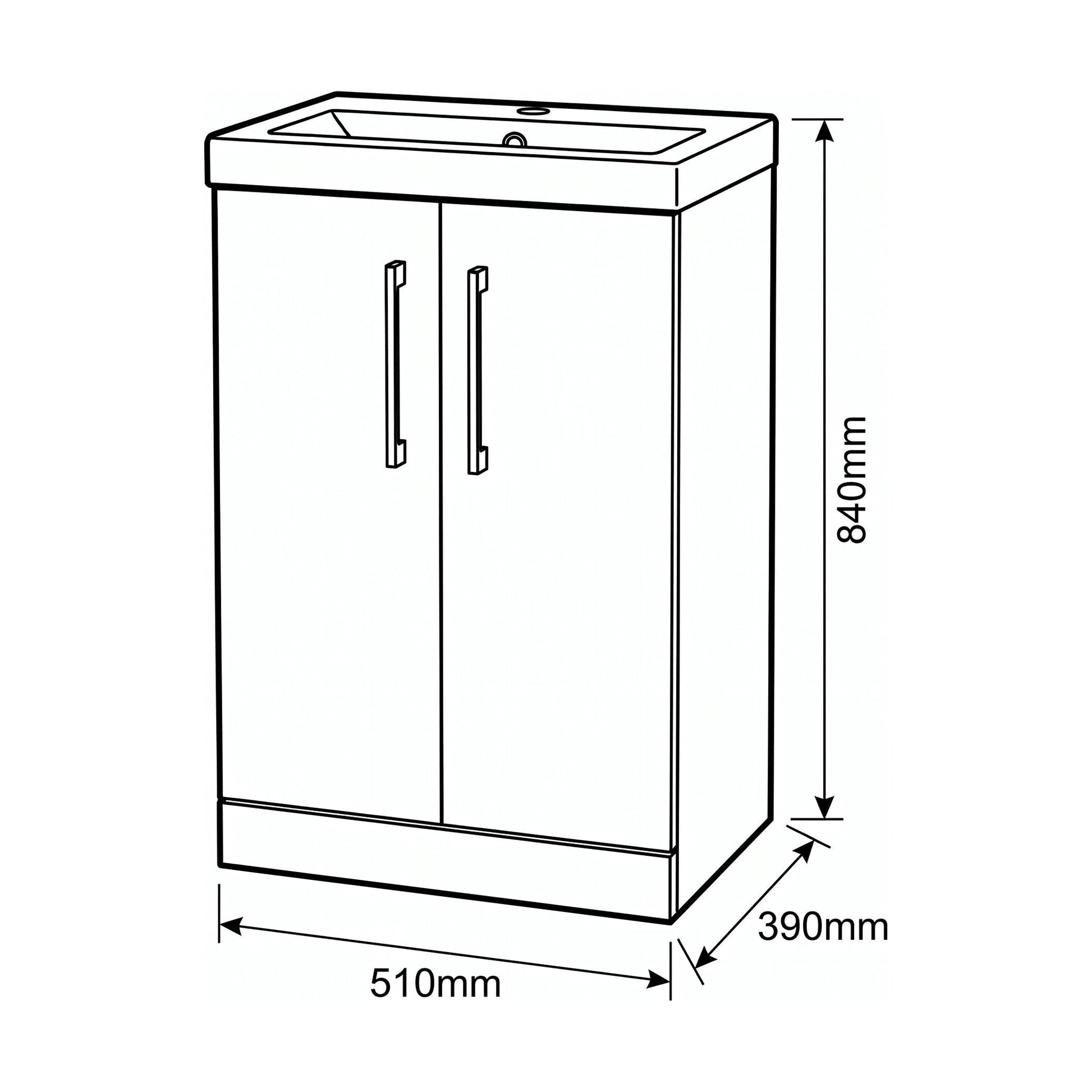 [BALARN1401AH018] Bramshall Floor Standing 2-Door Vanity & Mid-Edge Basin – Choice of Colour and Handle Finish - Technical Drawing