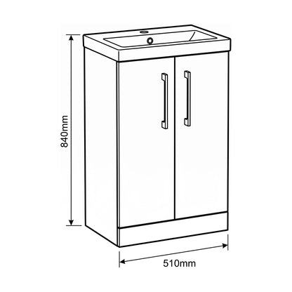 [BALARN1401AH019] Bramshall Floor Standing 2-Door Vanity & Mid-Edge Basin – Choice of Colour and Handle Finish - Technical Drawing