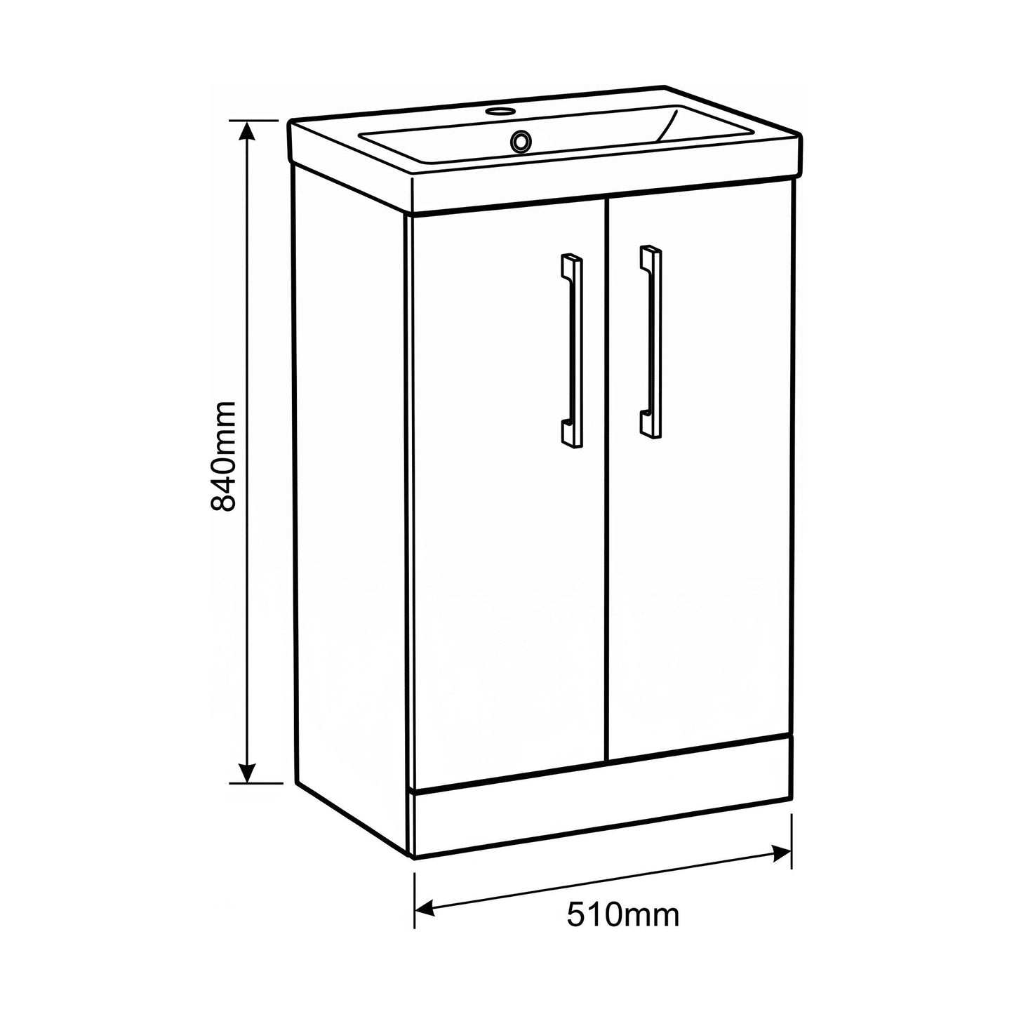 [BALARN1401AH019] Bramshall Floor Standing 2-Door Vanity & Mid-Edge Basin – Choice of Colour and Handle Finish - Technical Drawing