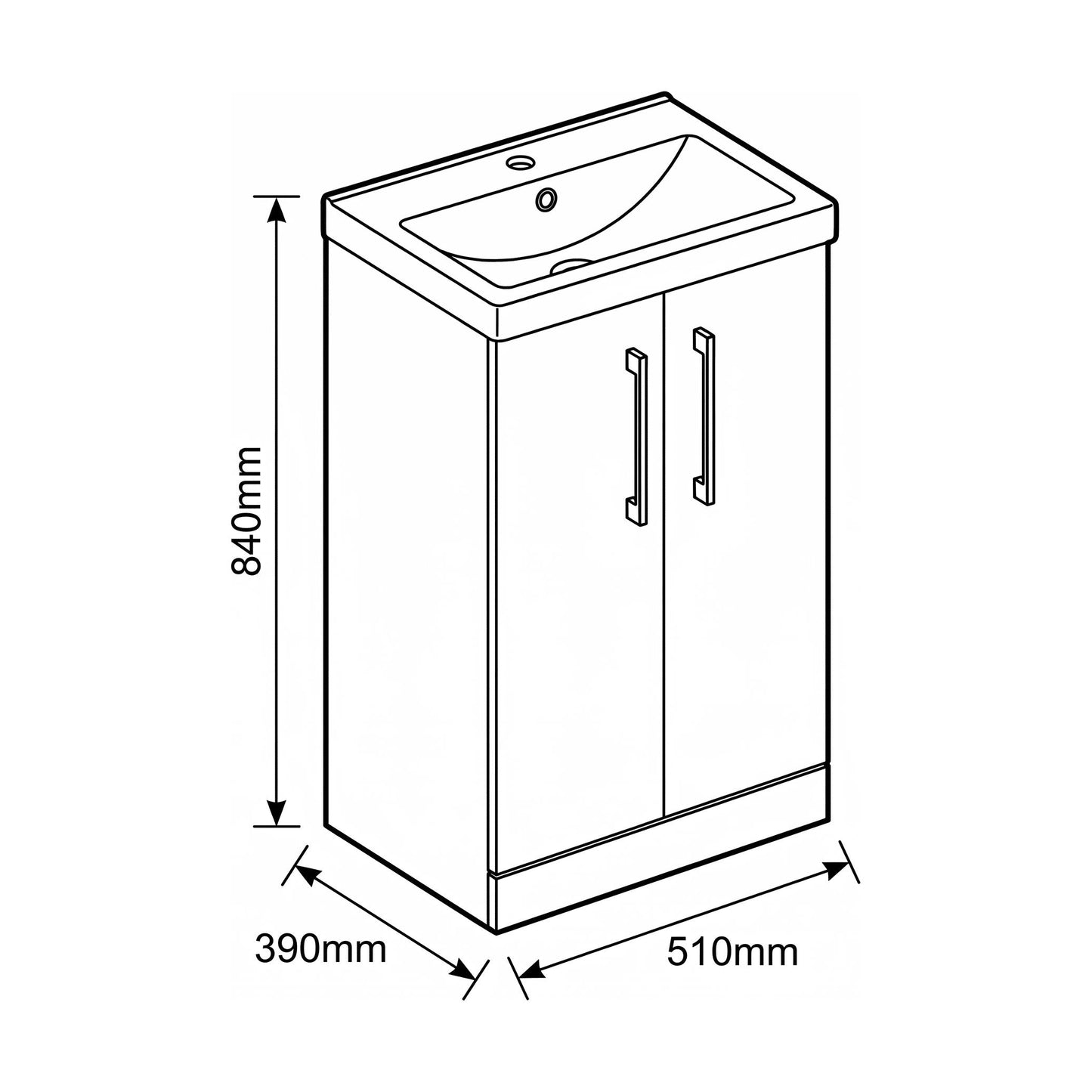 [BALARN1401AH1516] Bramshall Floor Standing 2-Door Vanity & Mid-Edge Basin – Choice of Colour and Handle Finish - Technical Drawing