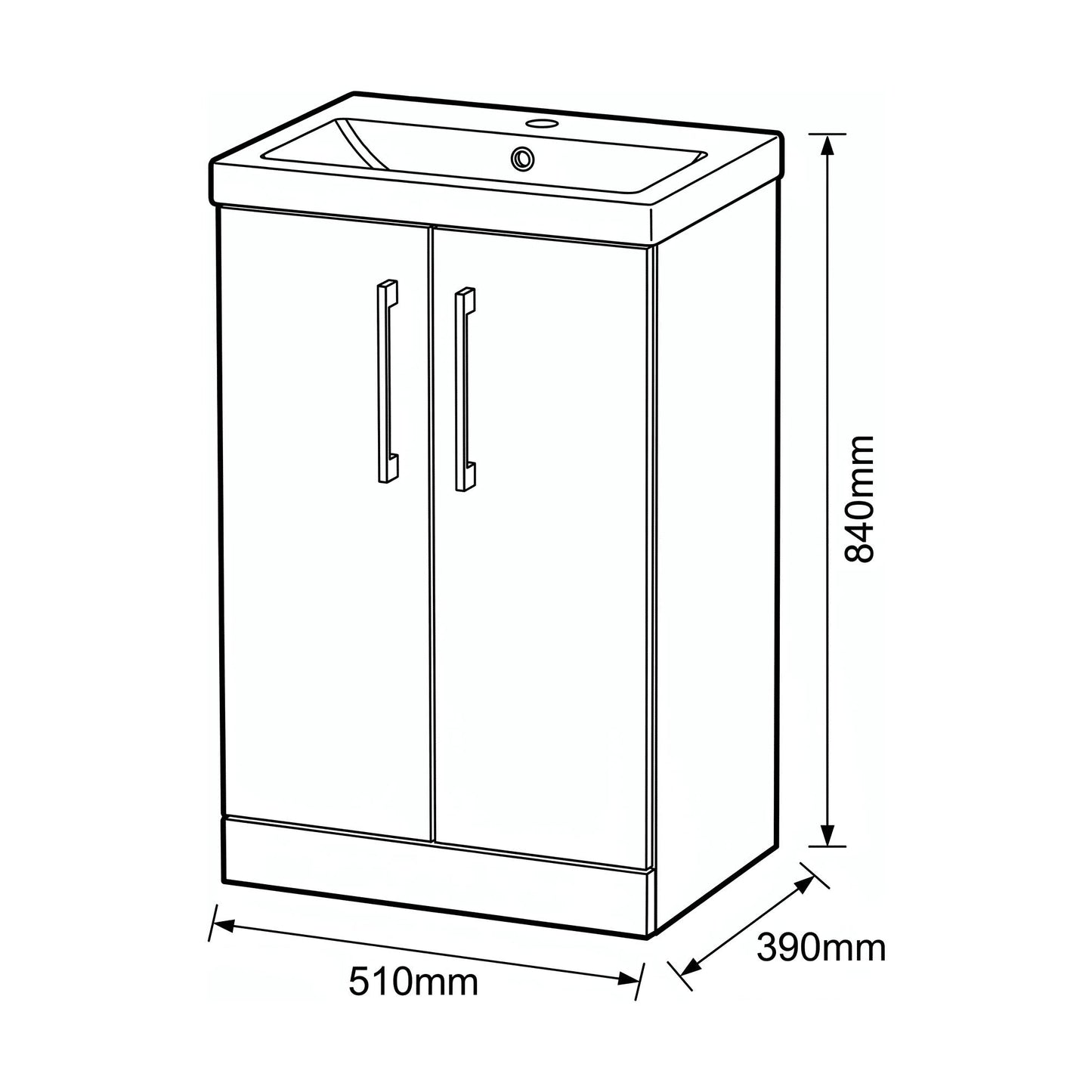 [BALARN1401AH716] Bramshall Floor Standing 2-Door Vanity & Mid-Edge Basin – Choice of Colour and Handle Finish - Technical Drawing