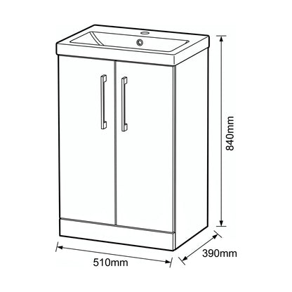 [BALARN1401AH716] Bramshall Floor Standing 2-Door Vanity & Mid-Edge Basin – Choice of Colour and Handle Finish - Technical Drawing