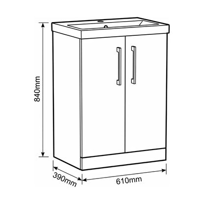 [BALARN1403AH019] Bramshall Floor Standing 2-Door Vanity & Mid-Edge Basin – Choice of Colour and Handle Finish - Technical Drawing