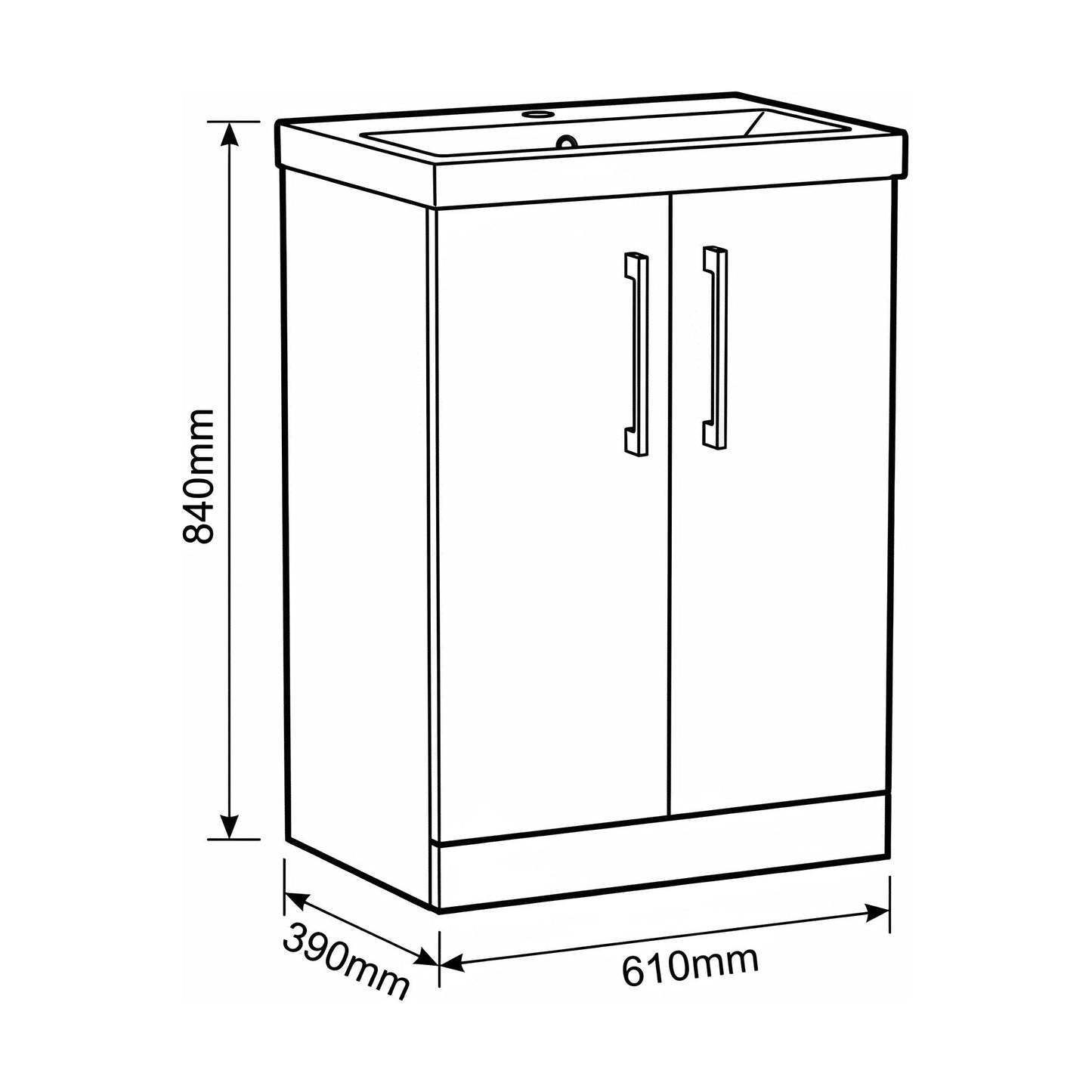[BALARN1403AH019] Bramshall Floor Standing 2-Door Vanity & Mid-Edge Basin – Choice of Colour and Handle Finish - Technical Drawing