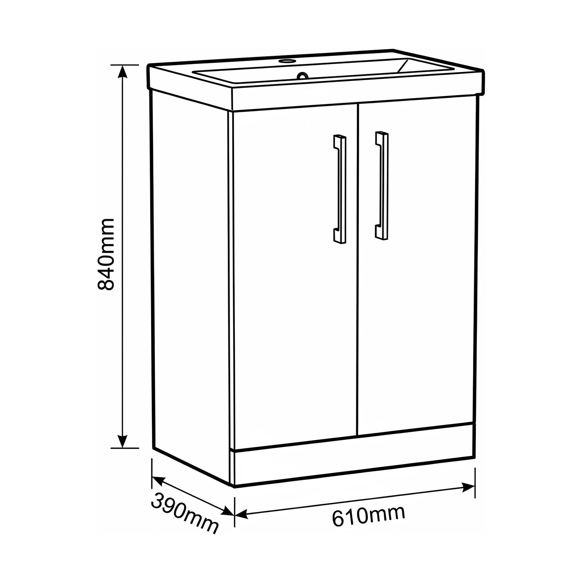 [BALARN1403AH019] Bramshall Floor Standing 2-Door Vanity & Mid-Edge Basin – Choice of Colour and Handle Finish - Technical Drawing