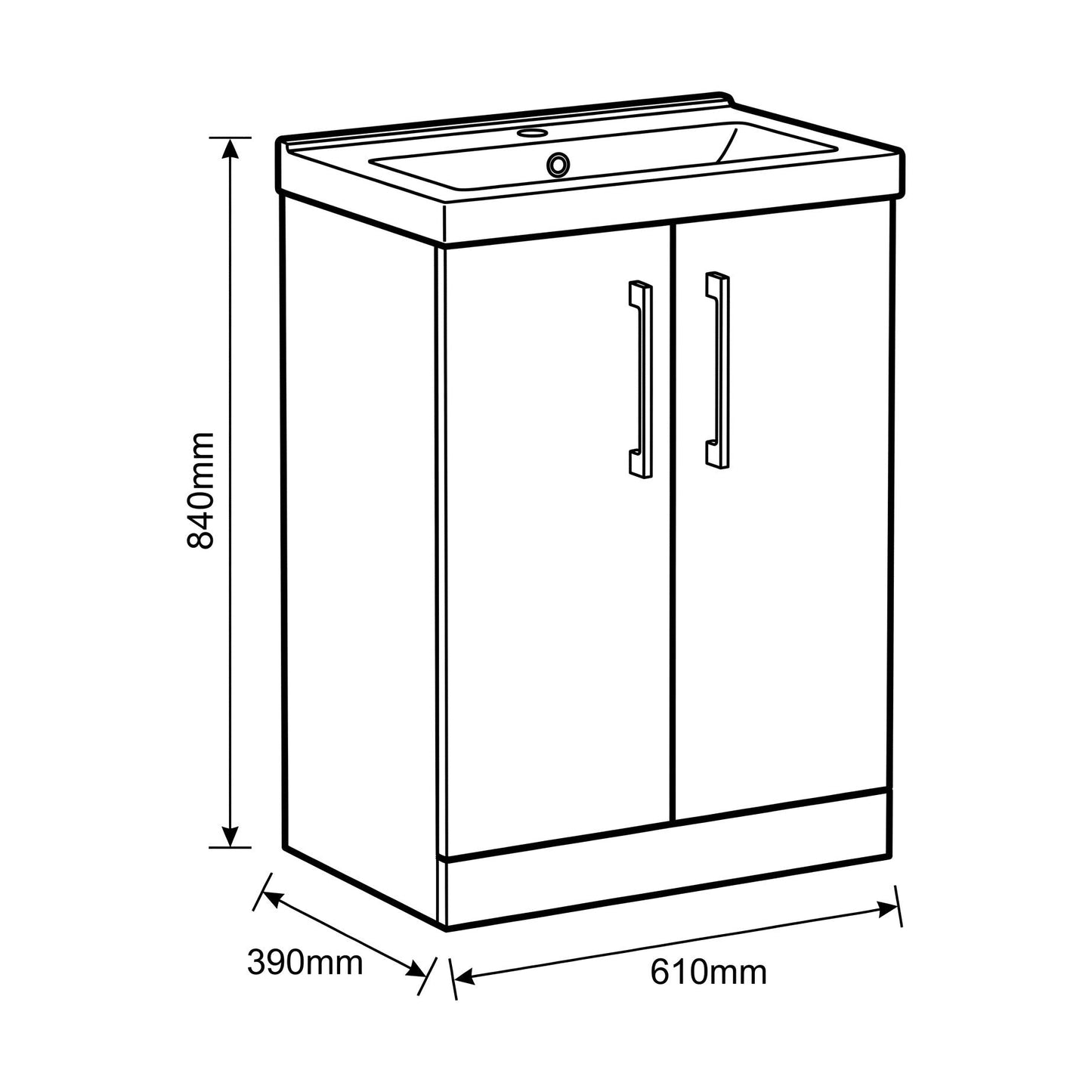 [BALARN1403AH1516] Bramshall Floor Standing 2-Door Vanity & Mid-Edge Basin – Choice of Colour and Handle Finish - Technical Drawing