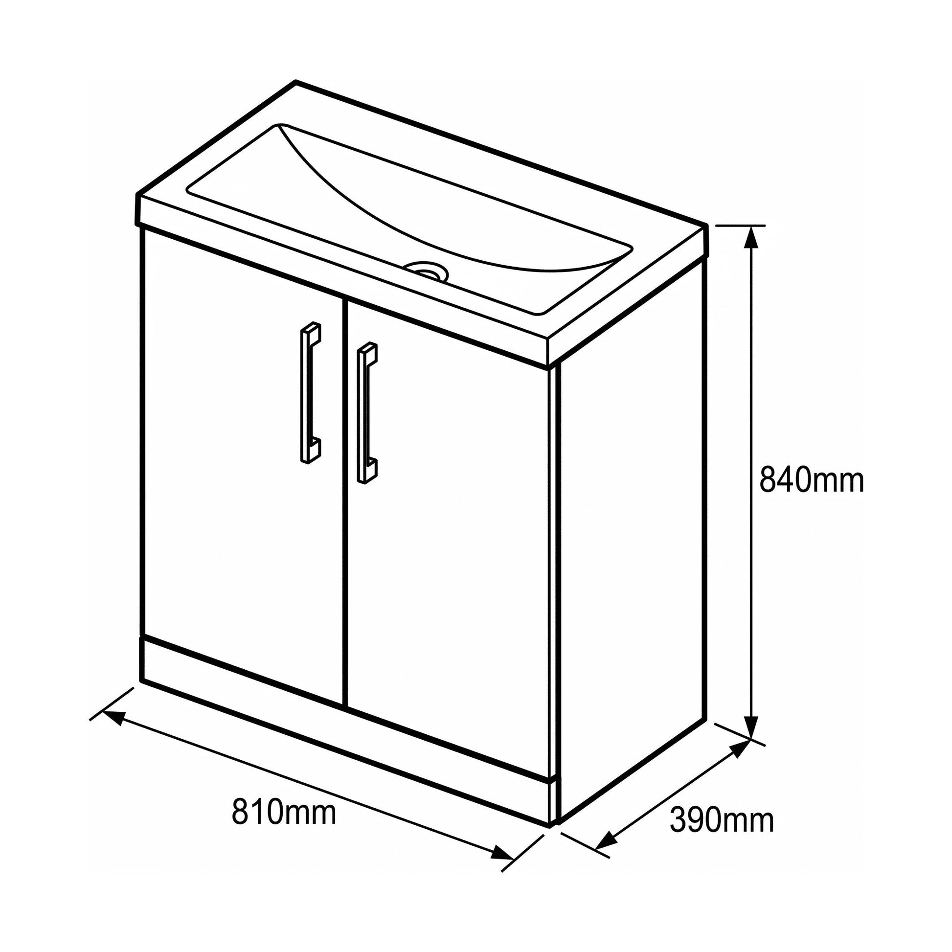 [BALARN1405AH019] Bramshall Floor Standing 2-Door Vanity & Mid-Edge Basin – Choice of Colour and Handle Finish - Technical Drawing