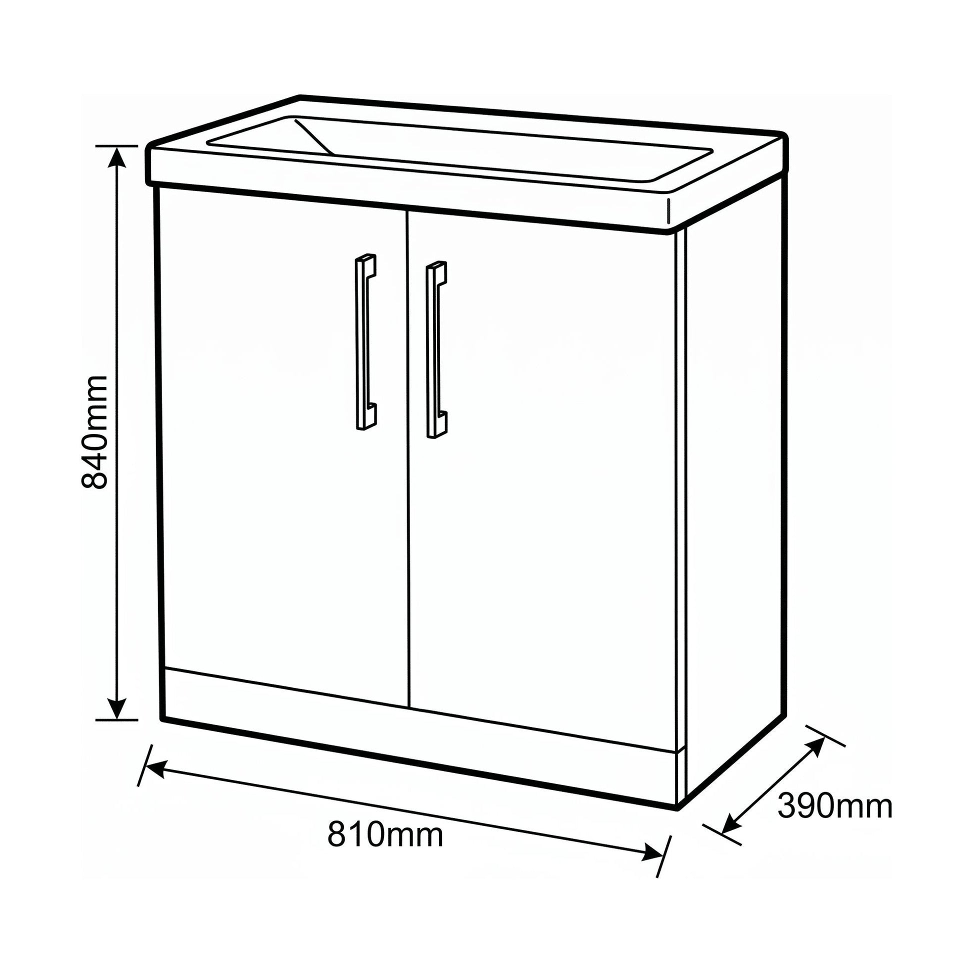 [BALARN1405AH1516] Bramshall Floor Standing 2-Door Vanity & Mid-Edge Basin – Choice of Colour and Handle Finish - Technical Drawing