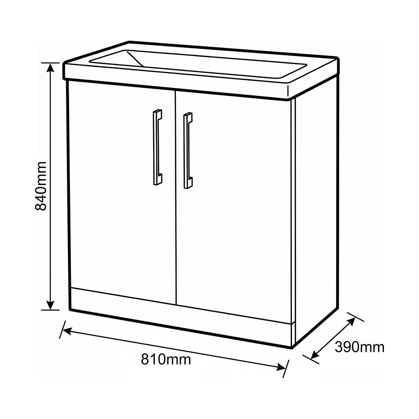 [BALARN1405AH1516] Bramshall Floor Standing 2-Door Vanity & Mid-Edge Basin – Choice of Colour and Handle Finish - Technical Drawing