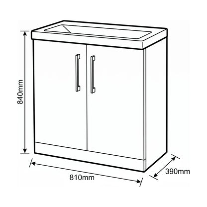 [BALARN1405AH1516] Bramshall Floor Standing 2-Door Vanity & Mid-Edge Basin – Choice of Colour and Handle Finish - Technical Drawing