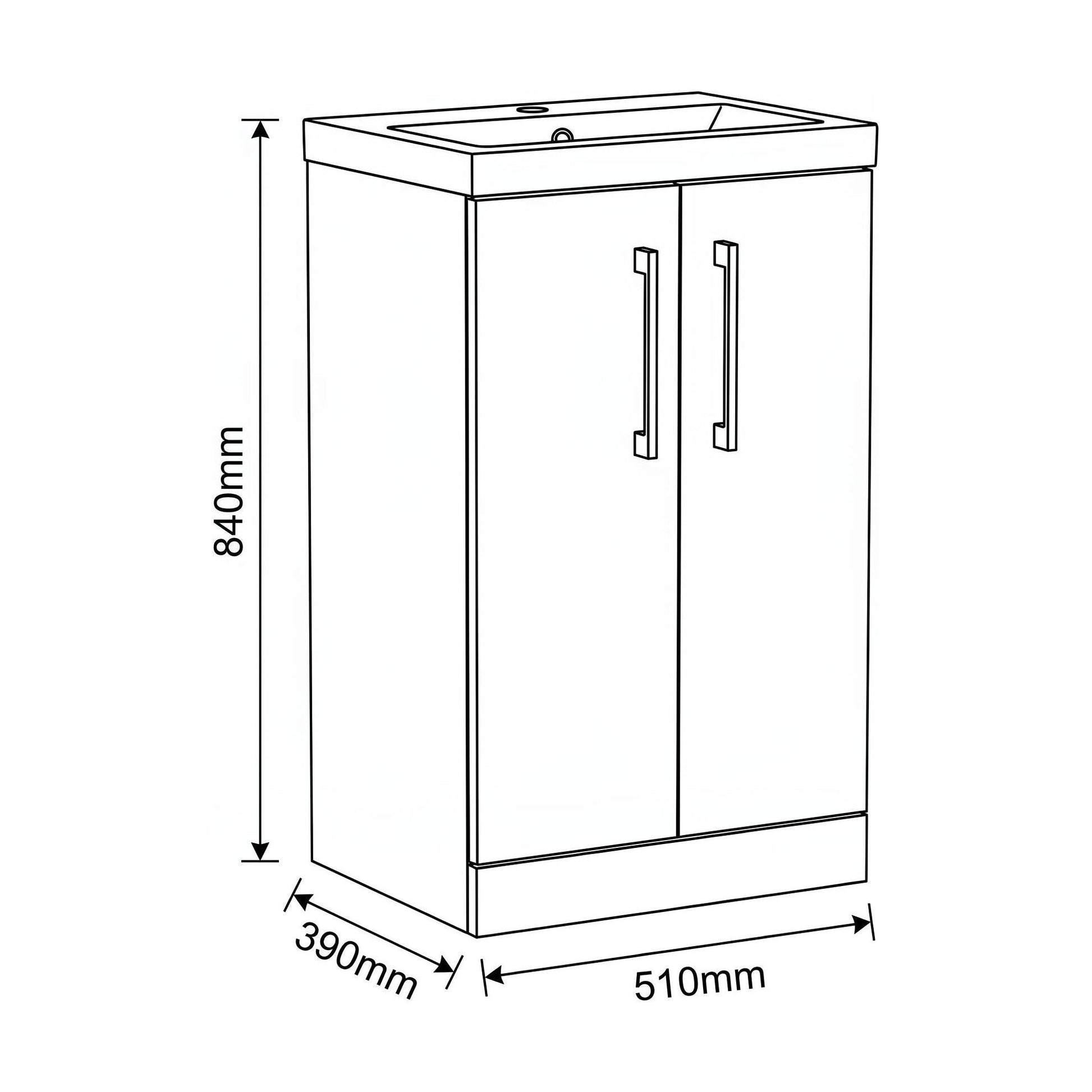 [BALARN2201AH018] Bramshall Floor Standing 2-Door Vanity & Mid-Edge Basin – Choice of Colour and Handle Finish - Technical Drawing